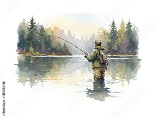 Man fly fishing in a serene lake surrounded by a peaceful forest landscape during a calm day