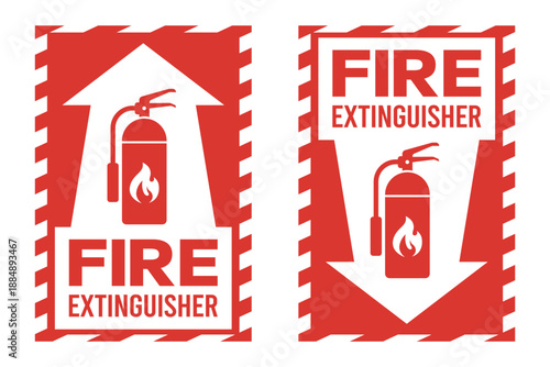 Fire extinguisher sign set. Firefighters tools for flame fighting. Fire extinguisher symbol, logo, badge, icon, sticker, label, banner, arrow, red, circle, line, flat vector, isolated illustration.