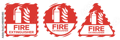 Fire extinguisher sign set. Firefighters tools for flame fighting. Fire extinguisher symbol, logo, badge, icon, sticker, label, banner, arrow, red, circle, line, flat vector, isolated illustration.