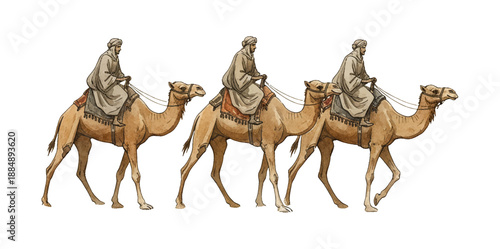 Three Arab men riding camels across sandy terrain journeying forward in traditional attire