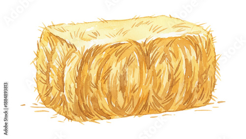 Rectangular hay bale illustration in watercolor style with warm yellow and brown tones farm and autumn season element