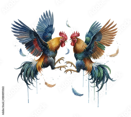 Two colorful aggressive roosters fighting with spread wings flying feathers in a vibrant watercolor artwork