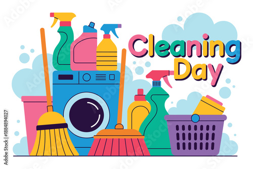 A colorful illustration of cleaning supplies and a washing machine on a cleaning day