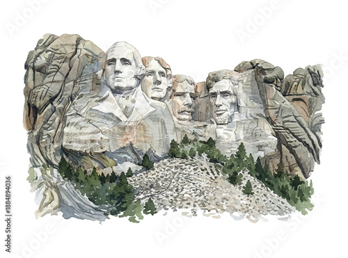 Mount Rushmore National Memorial famous American landmark in a vibrant watercolor painting showcasing presidential faces in rock