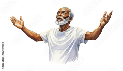Serene African American Man with White Beard and Outstretched Arms Looking Upward with Hope and Gratitude