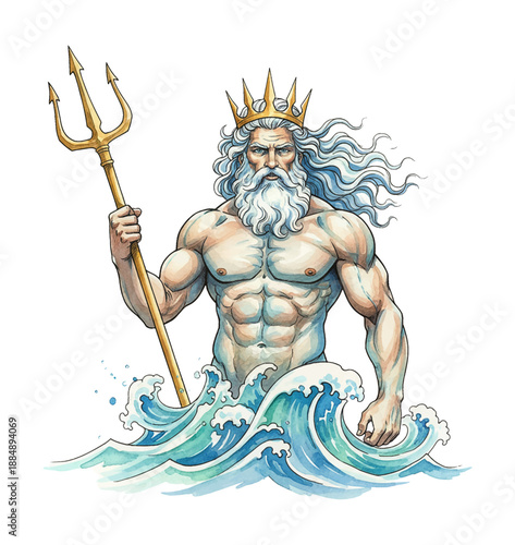 Powerful God Poseidon Standing in Turbulent Ocean Waves Wielding a Golden Trident with a Stern Expression