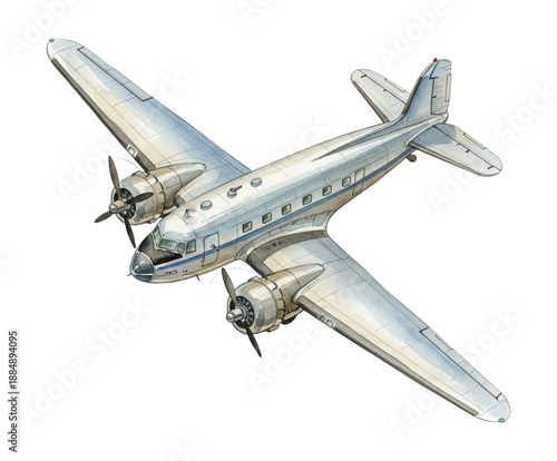 Classic Vintage Propeller Airplane Detailed Illustration in Silver Grey with Two Engines
