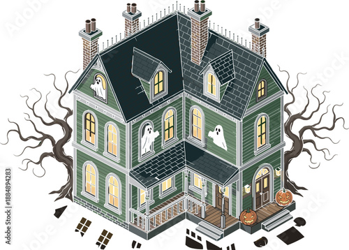 Adobe Stock Title Spooky isometric green haunted victorian house with ghosts in windows jack o lanterns and creepy dead trees isolated on white background for Halloween design