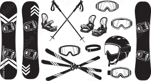 Black and white vector collection of snowboard and ski equipment icons including boards goggles helmets and poles for winter sports design and mountain resort branding