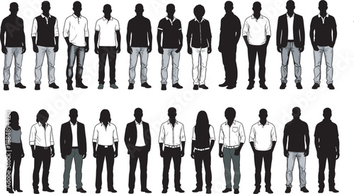 Black and white vector collection of standing people silhouettes for architectural visualization site plan scale figures casual business characters and urban lifestyle design elements