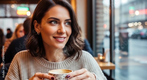 Beautiful young woman enjoying a hot cup of coffee in a cozy cafe, looking away with a relaxed smile, soft window light.