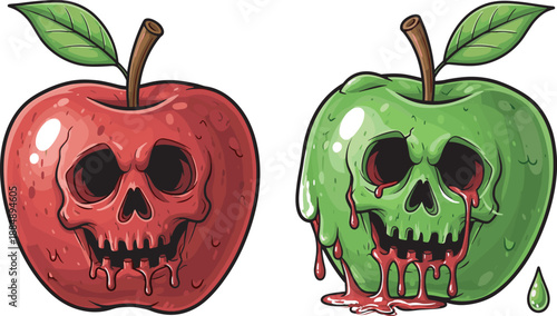 Spooky red and green cartoon apples with creepy skull faces and melting blood drips isolated on white background for Halloween and horror design (25 words)