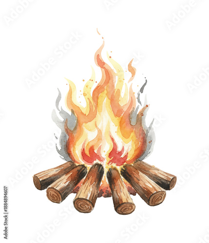 A watercolor illustration of a warm campfire with burning logs and vibrant flames against a white background