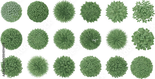 Top view vector collection of green garden bushes and trees plan symbols for landscape design architectural site maps outdoor park vegetation and nature elements (25 words)