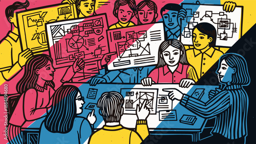 Team Collaboration in Vibrant Office Setting with Diagrams and Discussions