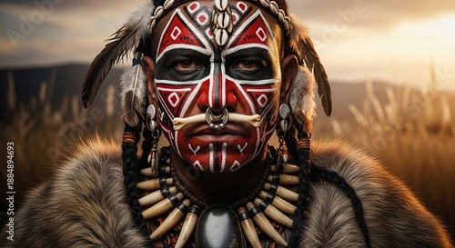 Close-up of a man with intricate tribal face paint, feathers, and jewelry, embodying indigenous culture