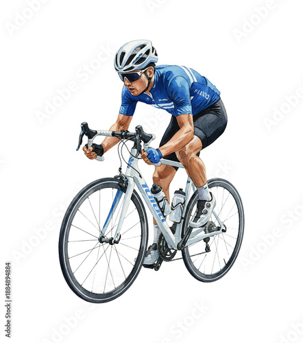 Determined Caucasian Man Riding Road Bicycle Wearing Blue Cycling Jersey Helmet and Sunglasses Illustration