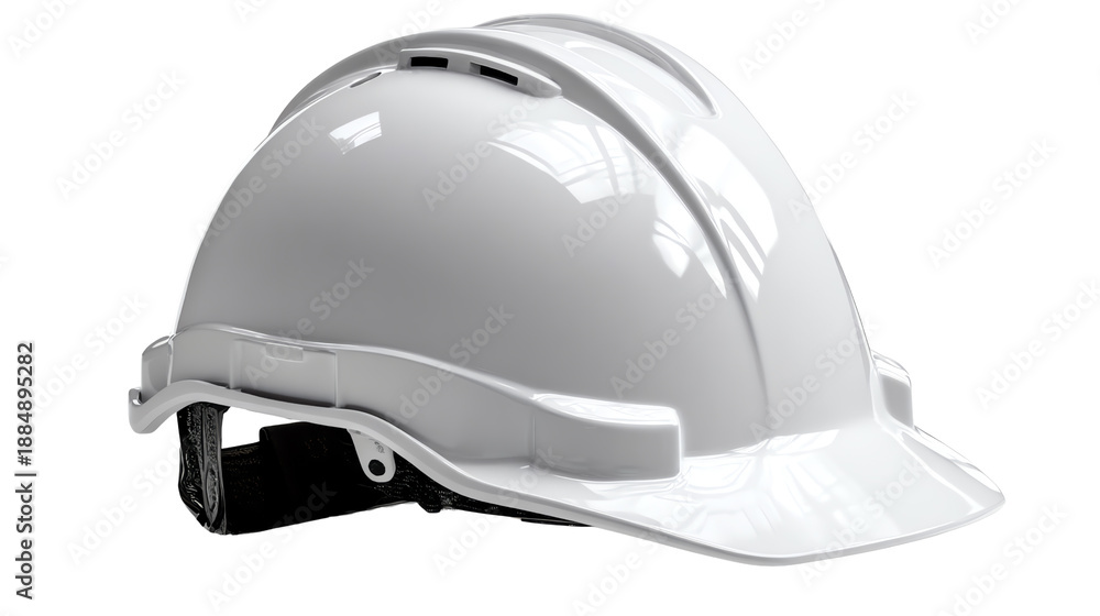 Fototapeta premium Protective Helmet: A close-up shot of a pristine white safety helmet, showcasing its sturdy design and essential function in safeguarding workers.