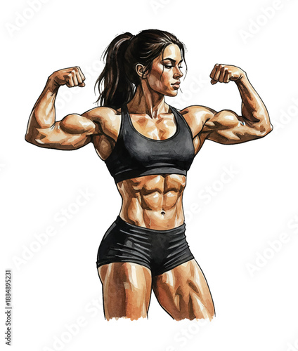 Strong muscular athletic woman flexing her biceps with a determined powerful expression demonstrating fitness