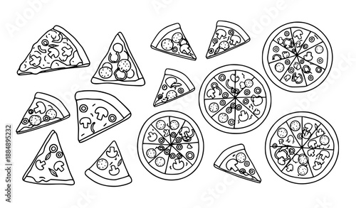 Fun pizza doodle outline vector set