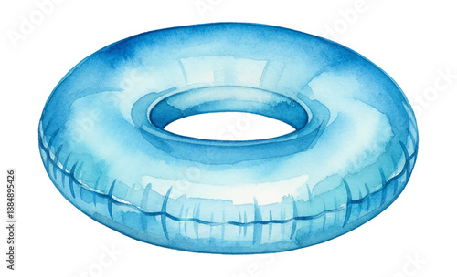 Bright blue inflatable swimming ring object depicted in watercolor art style isolated on white background