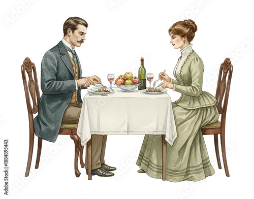 European man and woman elegantly dining together at a formal table with wine and fruit watercolor illustration