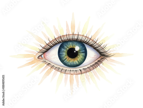 Detailed Human Eye with Blue Green Iris and Long Eyelashes Radiating Golden Light Rays Watercolor Illustration