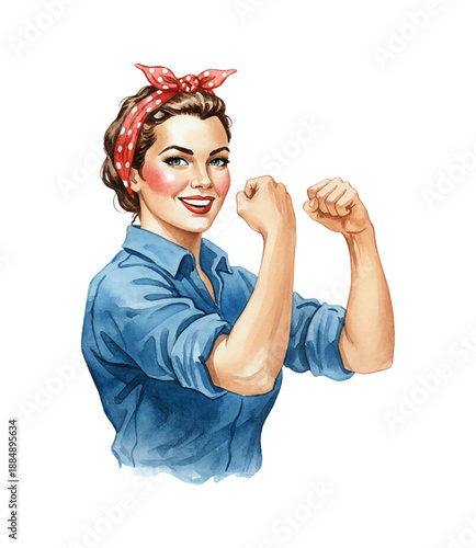 Confident Caucasian woman flexing arms smiling in classic Rosie the Riveter pose watercolor illustration