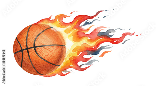 Dynamic Basketball with Fiery Flames Trailing Behind in a Vibrant Watercolor Style