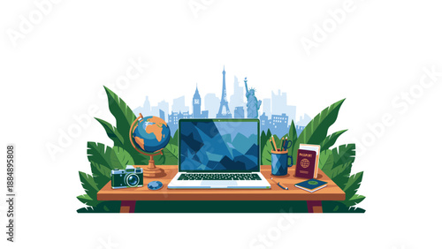 Modern workspace with laptop and global elements on wooden desk.