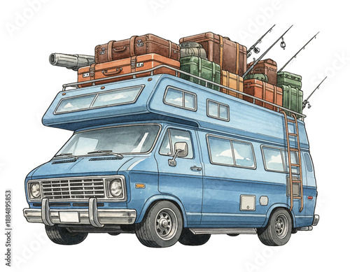 Blue retro camper van loaded with travel suitcases and fishing rods on roof for an exciting adventure trip