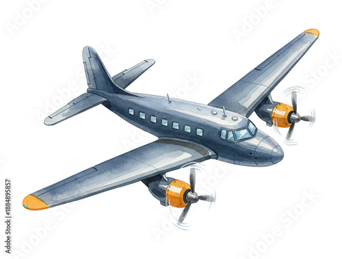 Classic grey propeller airplane flying with orange engines in a beautiful watercolor illustration style