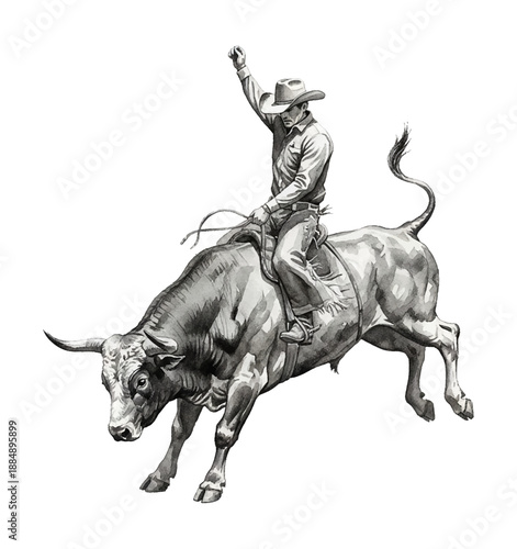 Cowboy Man Riding a Powerful Bucking Bull with a Raised Arm in an Intense Rodeo Illustration