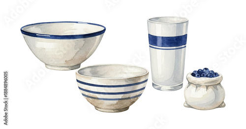 Blue and white striped ceramic bowls glass and a sack of fresh blueberries watercolor illustration