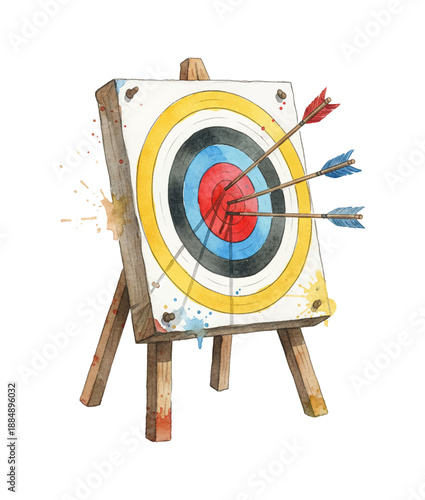 Watercolor Archery Target Board with Three Arrows Hitting Near Center Sporting Goal Concept Splashes