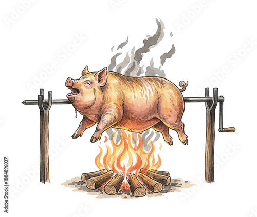 Whole roasted pig with an open mouth cooking over a campfire with smoke in an outdoor setting