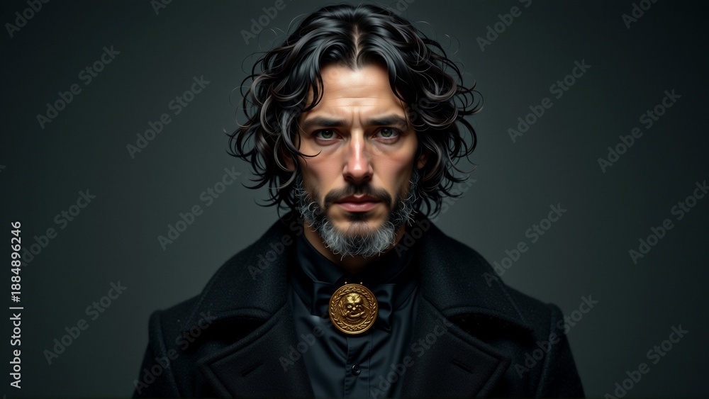 Obraz premium portrait man long curly hair beard wearing black coat gold medal around his neck man looking directly camera serious expression his face background dark grey color making man focal point lighting