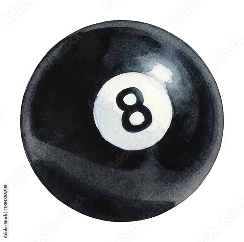 A vibrant watercolor painting of a shiny black eight ball used in billiards and pool games isolated on a white background