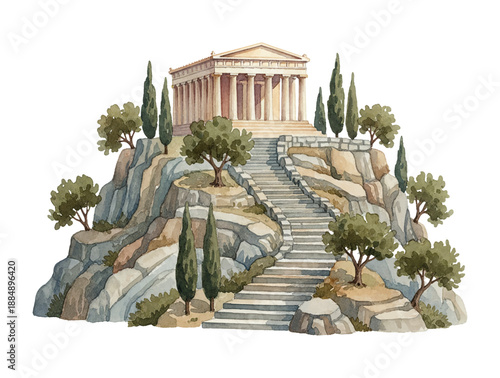 Ancient Greek Temple on a Rocky Hill with Steps and Trees in Watercolor Illustration Style