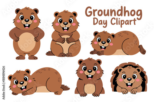 A collection of cute cartoon groundhogs celebrating Groundhog Day
