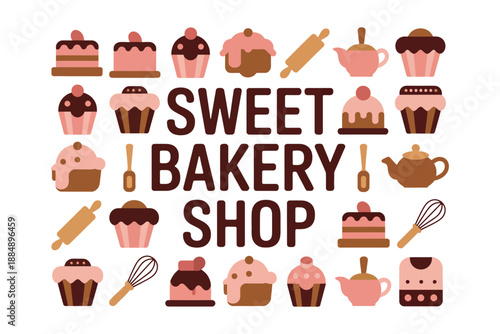 A colorful illustration of a sweet bakery shop with various desserts and baking tools