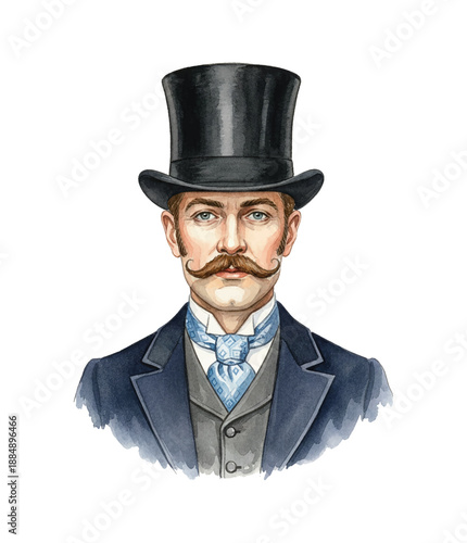 Caucasian Man with Handlebar Mustache and Top Hat Wearing a Suit with Neutral Expression Watercolor Illustration