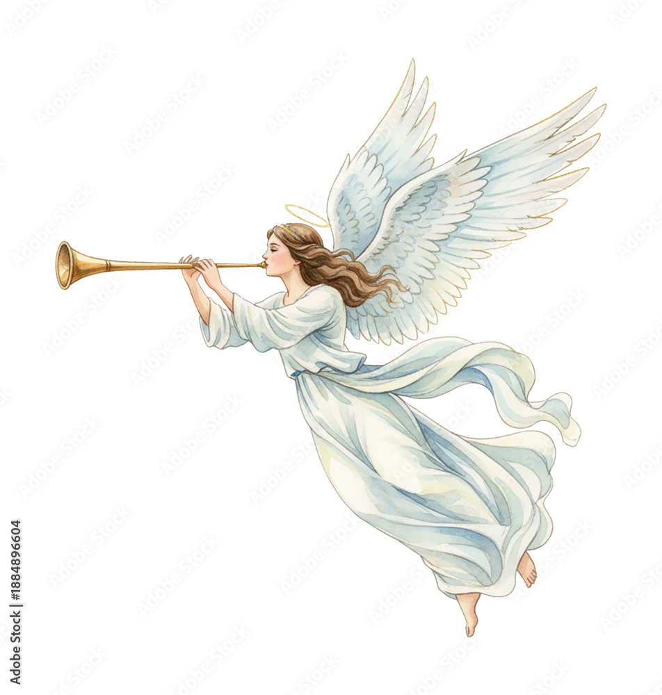 Fototapeta premium Elegant Angel Playing Golden Trumpet Flying Gracefully in Ethereal White Gown with Serene Expression