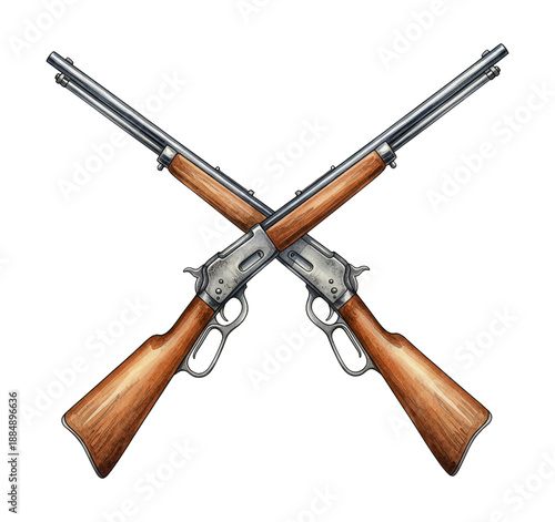 Two Vintage Lever Action Rifles Crossed Illustration Western Theme Hunting Firearms Isolated White Background