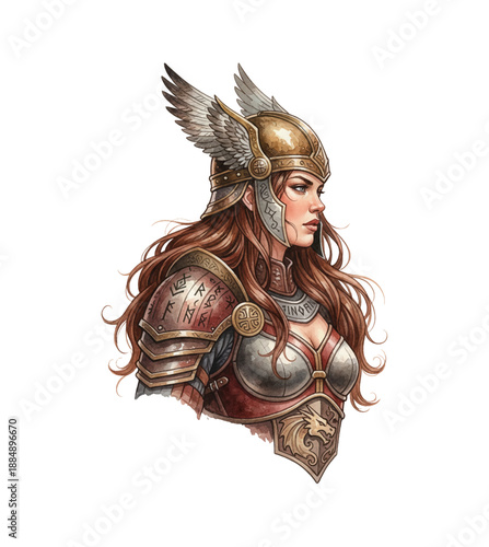 Valiant Woman Warrior with Winged Helmet and Detailed Armor in a Determined Side Profile Illustration