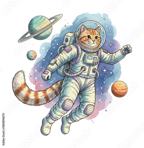 Happy orange tabby cat astronaut floating in colorful space surrounded by planets and stars watercolor illustration