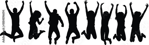 Silhouettes of people jumping with raised arms, joyful poses, energetic celebration, unity, teamwork, happiness, freedom, excitement, and positive emotion illustration