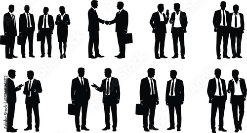 Silhouettes of business professionals interacting, shaking hands, conversing, collaborating, networking, teamwork, corporate communication, and professional workplace lifestyle illustration