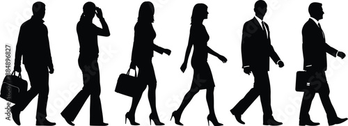 Silhouettes of business men and women walking with briefcases, professional attire, commuting, teamwork, workforce, corporate lifestyle, and urban routine illustration