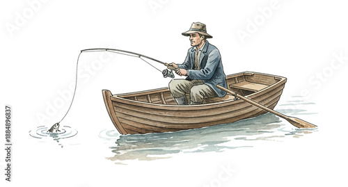 Caucasian man fishing attentively in a wooden rowboat wearing a hat skillfully catching a fish watercolor